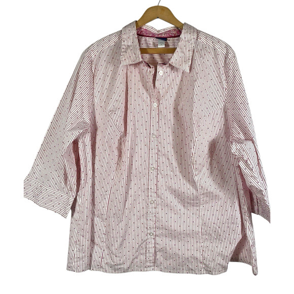 Basic Editions Blouse Top 3X Button Up White Red Polka Dot Stripe Cottagecore - Picture 2 of 12